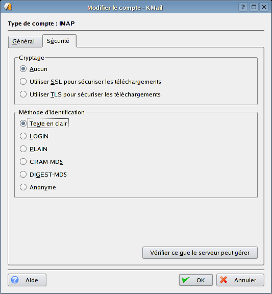 S&eacute;curit&eacute; compte IMAP